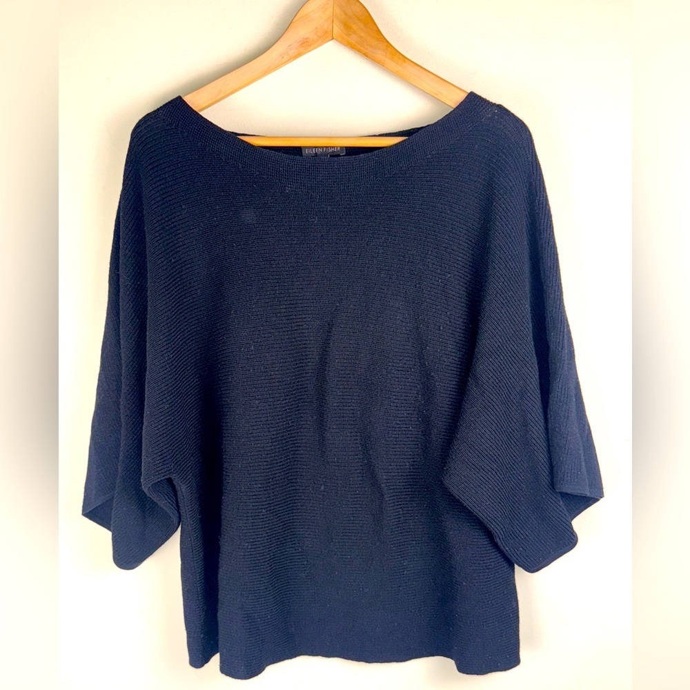 EILEEN FISHER Italian Yarn Ribbed Cropped Top Dolman‎ Sleeve BLK  XXS Fits XS S